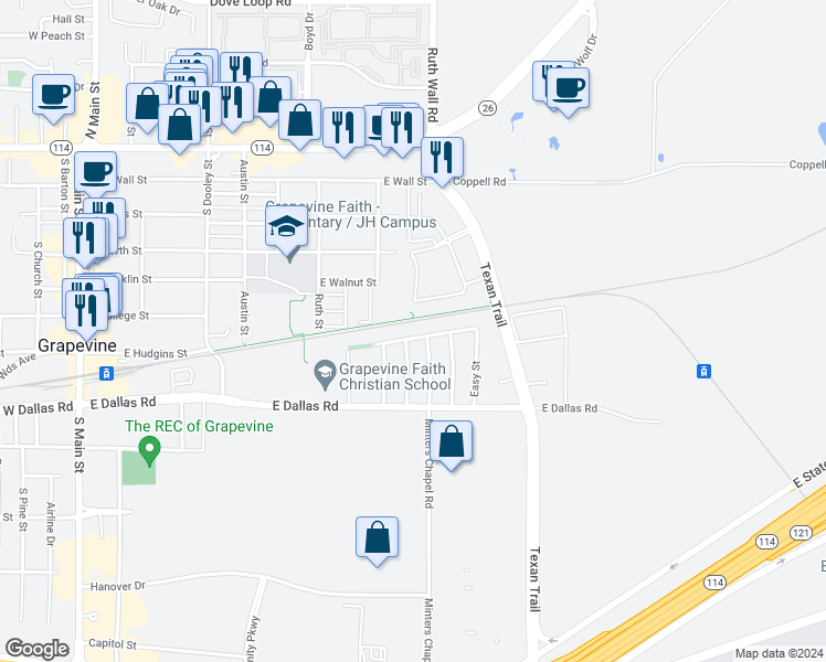 map of restaurants, bars, coffee shops, grocery stores, and more near 951 Easy Street in Grapevine