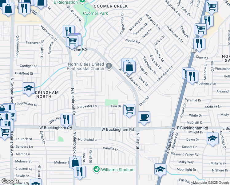 map of restaurants, bars, coffee shops, grocery stores, and more near 2306 Monarch Drive in Garland
