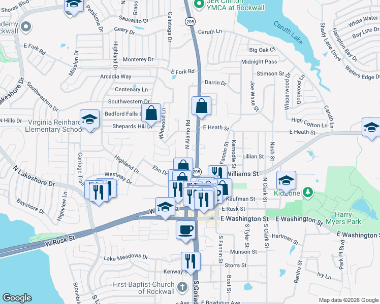 map of restaurants, bars, coffee shops, grocery stores, and more near 801 North Goliad Street in Rockwall