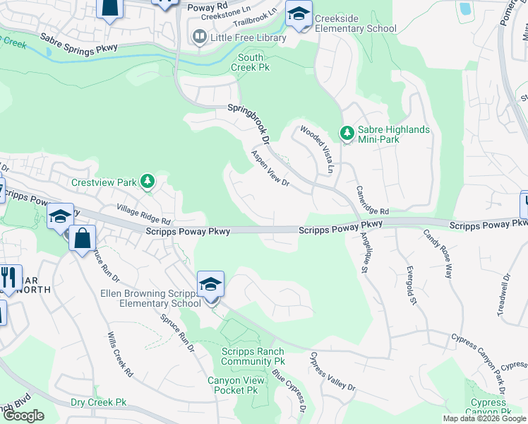map of restaurants, bars, coffee shops, grocery stores, and more near 11957 Windom Peak Way in San Diego