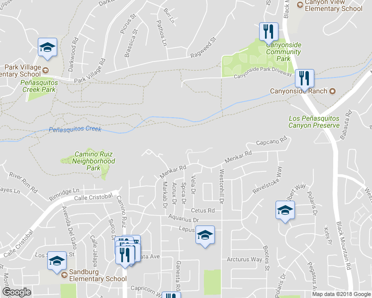 map of restaurants, bars, coffee shops, grocery stores, and more near 11532 Alkaid Drive in San Diego