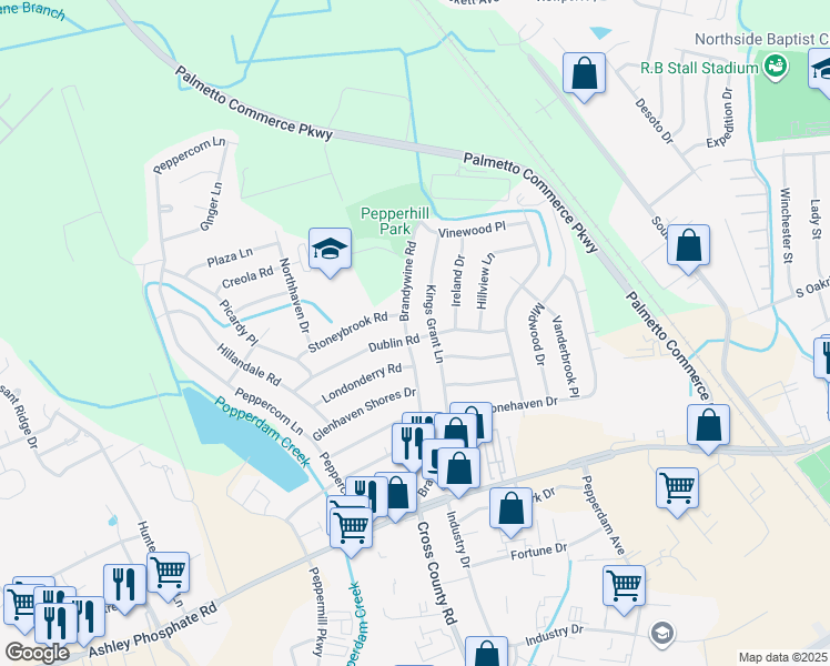 map of restaurants, bars, coffee shops, grocery stores, and more near 7648 Brandywine Road in North Charleston