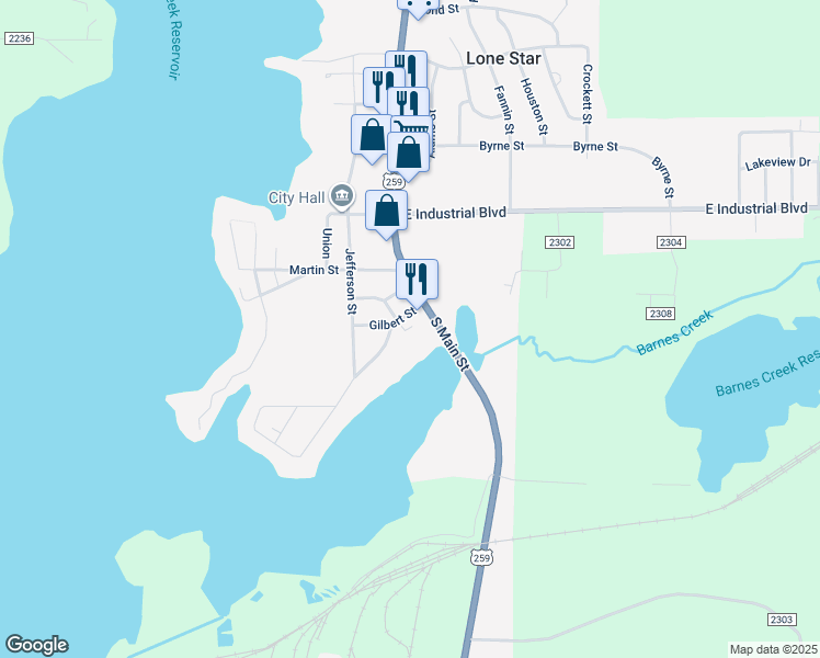 map of restaurants, bars, coffee shops, grocery stores, and more near 200 Gilbert Street in Lone Star