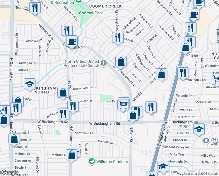 map of restaurants, bars, coffee shops, grocery stores, and more near 2306 Monarch Drive in Garland