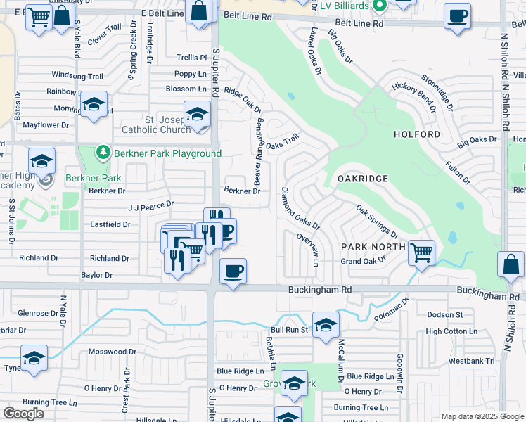 map of restaurants, bars, coffee shops, grocery stores, and more near 2301 Oakcrest Drive in Garland