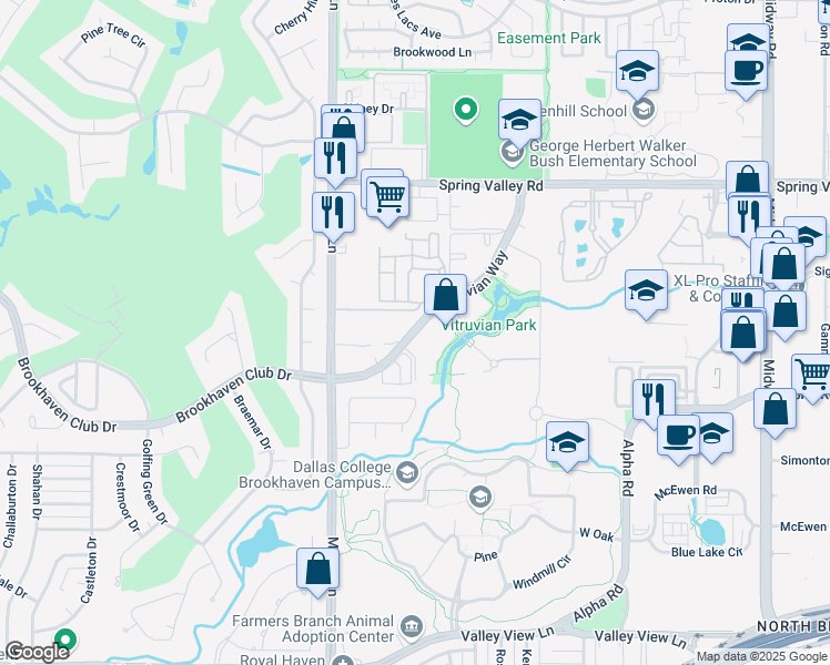 map of restaurants, bars, coffee shops, grocery stores, and more near 3850 Vitruvian Way in Addison