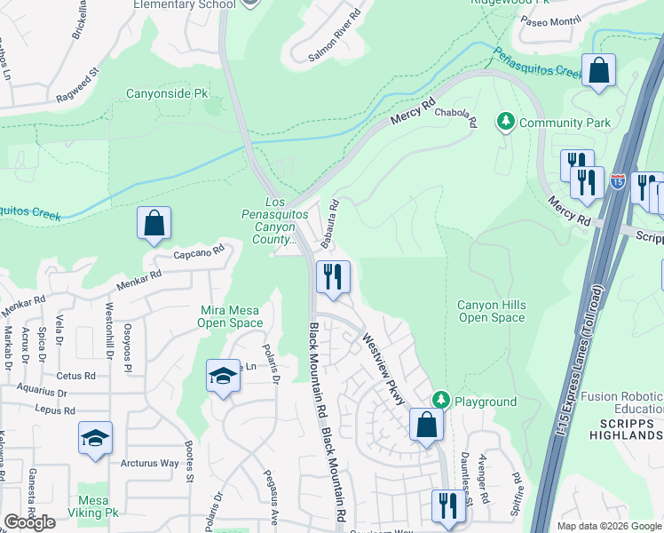 map of restaurants, bars, coffee shops, grocery stores, and more near 11849 Westview Parkway in San Diego