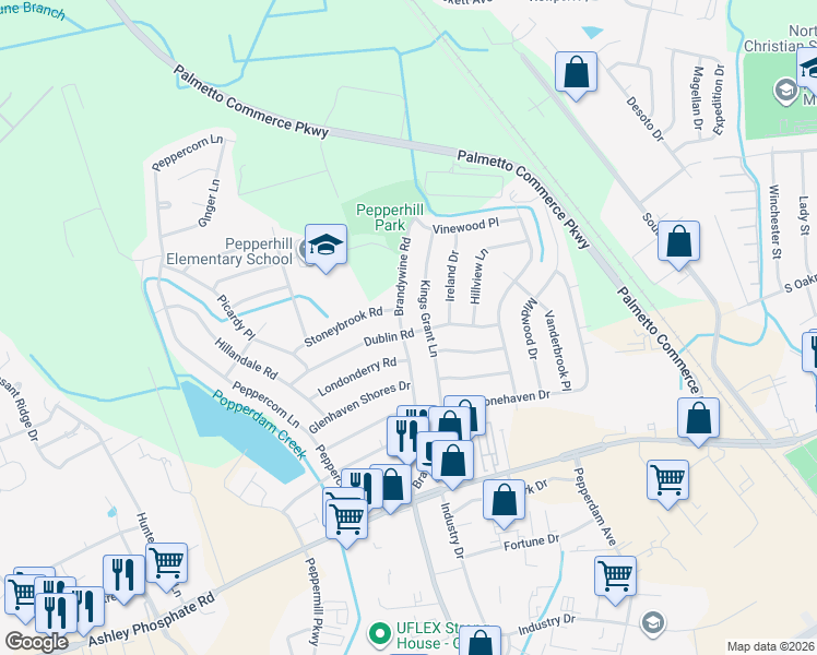 map of restaurants, bars, coffee shops, grocery stores, and more near 7648 Brandywine Road in North Charleston