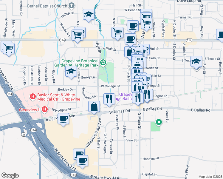 map of restaurants, bars, coffee shops, grocery stores, and more near 601 West College Street in Grapevine