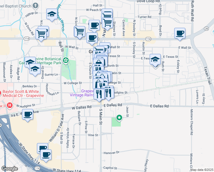 map of restaurants, bars, coffee shops, grocery stores, and more near 206-214 East College Street in Grapevine