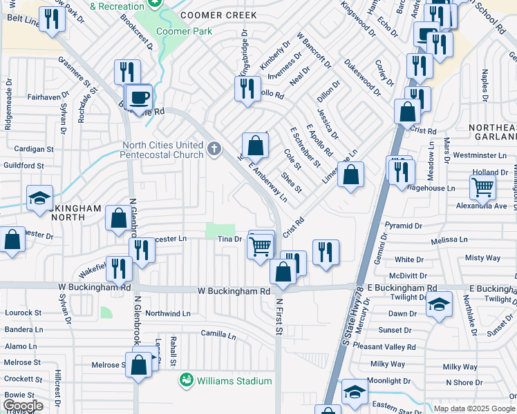 map of restaurants, bars, coffee shops, grocery stores, and more near 202 Belt Line Road in Garland