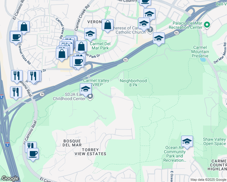 map of restaurants, bars, coffee shops, grocery stores, and more near 11921 Carmel Creek Road in San Diego