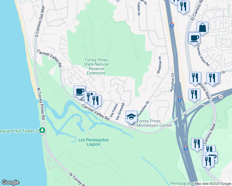 map of restaurants, bars, coffee shops, grocery stores, and more near 12912 Via Grimaldi in Del Mar