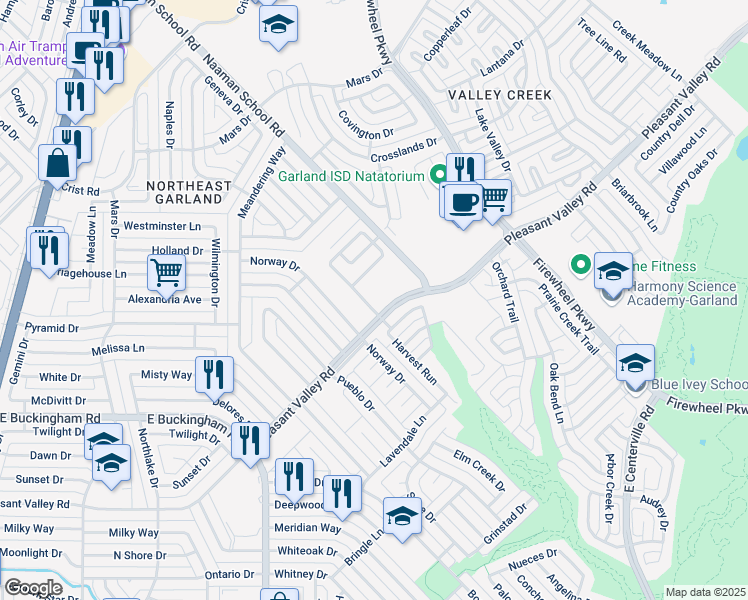 map of restaurants, bars, coffee shops, grocery stores, and more near 2314 Shalimar Drive in Garland