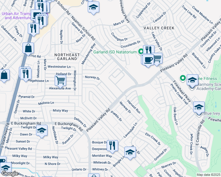map of restaurants, bars, coffee shops, grocery stores, and more near 2402 Norway Drive in Garland