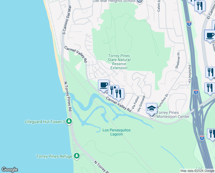 map of restaurants, bars, coffee shops, grocery stores, and more near 12819 Caminito Del Canto in Del Mar