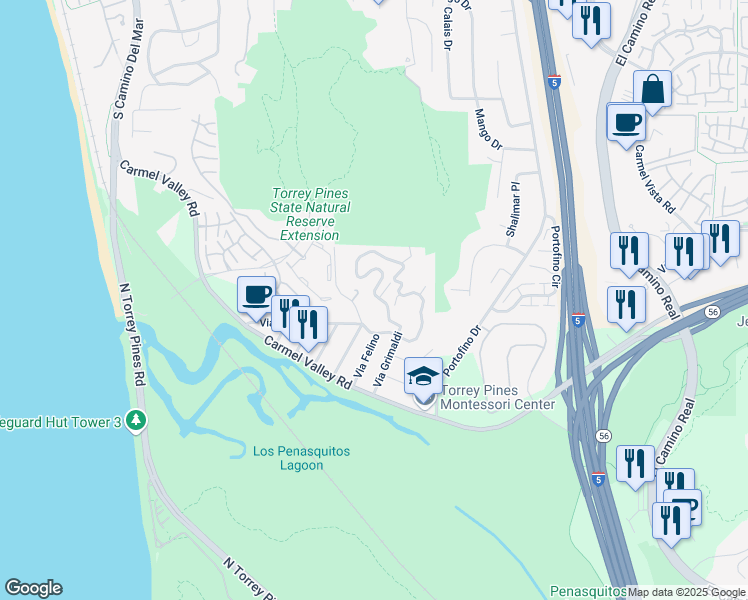 map of restaurants, bars, coffee shops, grocery stores, and more near 12912 Via Grimaldi in Del Mar