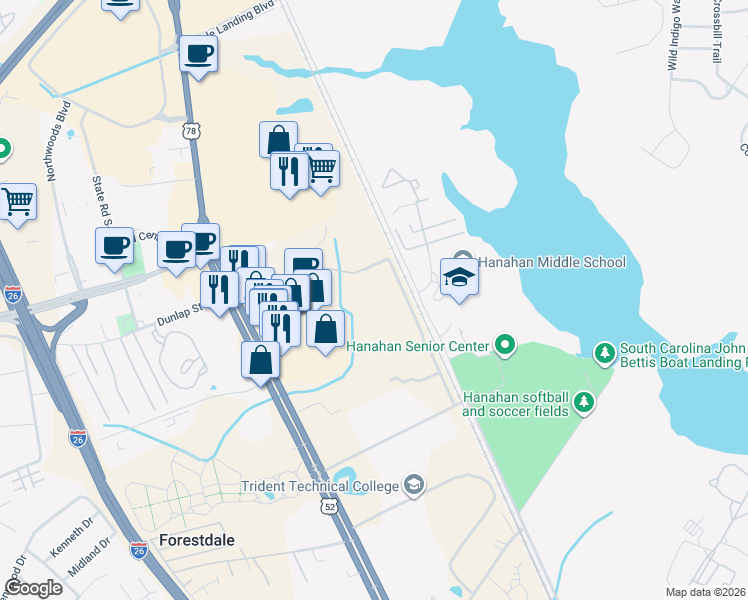 map of restaurants, bars, coffee shops, grocery stores, and more near in North Charleston