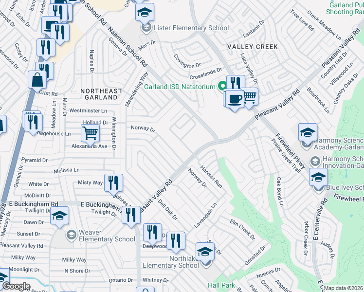map of restaurants, bars, coffee shops, grocery stores, and more near 2401 Shalimar Drive in Garland