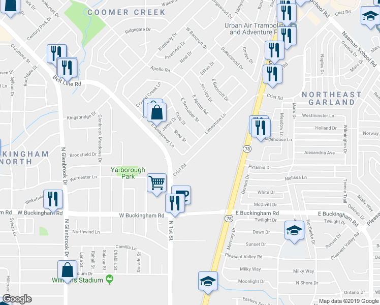 map of restaurants, bars, coffee shops, grocery stores, and more near 2224 Limestone Lane in Garland