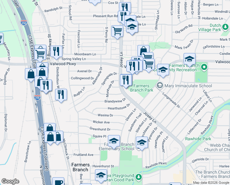 map of restaurants, bars, coffee shops, grocery stores, and more near 2624 Overland Drive in Farmers Branch