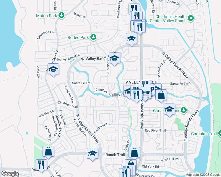 map of restaurants, bars, coffee shops, grocery stores, and more near 9523 Rodeo Drive in Irving