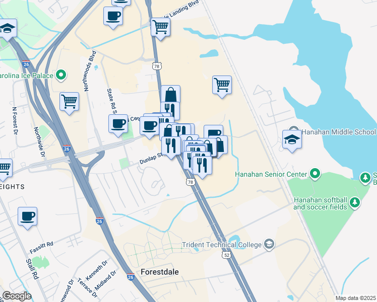 map of restaurants, bars, coffee shops, grocery stores, and more near 7250 Rivers Avenue in North Charleston