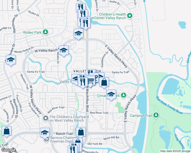 map of restaurants, bars, coffee shops, grocery stores, and more near 400 Santa Fe Trail in Irving