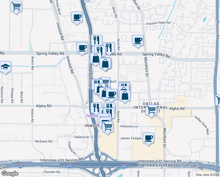map of restaurants, bars, coffee shops, grocery stores, and more near 13737 Noel Road in Dallas