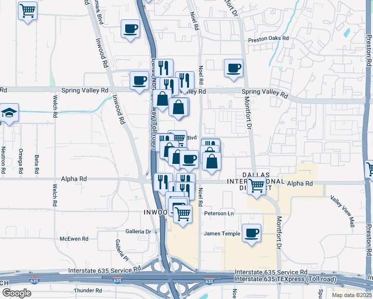 map of restaurants, bars, coffee shops, grocery stores, and more near 13737 Noel Road in Dallas