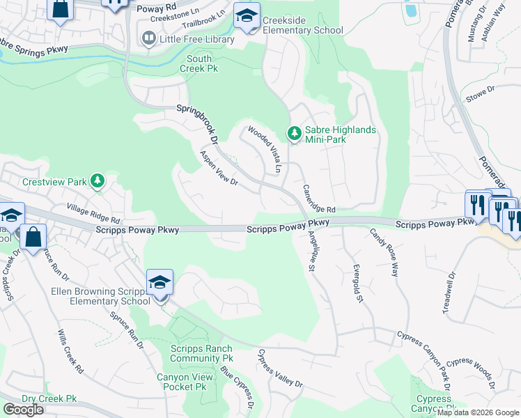 map of restaurants, bars, coffee shops, grocery stores, and more near 11895 Aspen View Drive in San Diego