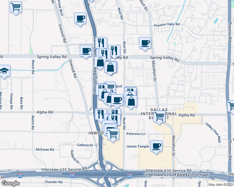 map of restaurants, bars, coffee shops, grocery stores, and more near 13737 Noel Road in Dallas