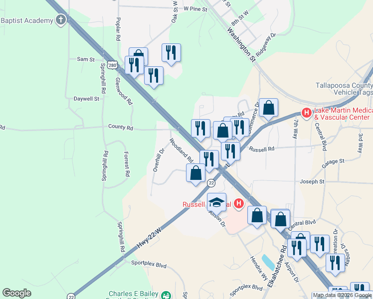map of restaurants, bars, coffee shops, grocery stores, and more near 829 Woodland Road in Alexander City