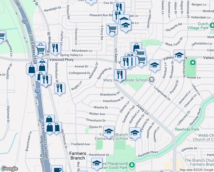 map of restaurants, bars, coffee shops, grocery stores, and more near 2624 Overland Drive in Farmers Branch