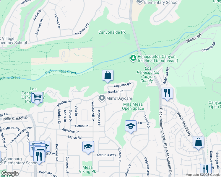 map of restaurants, bars, coffee shops, grocery stores, and more near 8811 Capcano Road in San Diego
