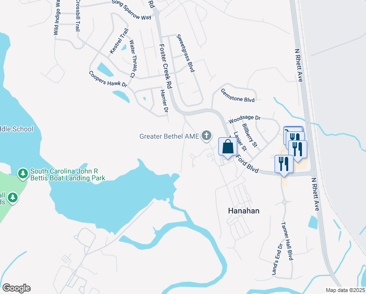 map of restaurants, bars, coffee shops, grocery stores, and more near Hanahan Road in Hanahan