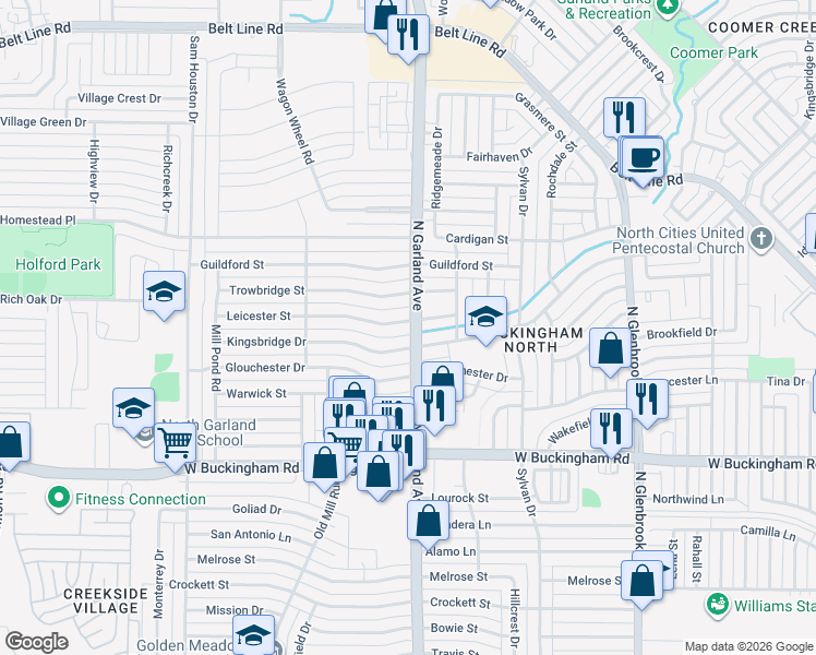 map of restaurants, bars, coffee shops, grocery stores, and more near 1402 Leicester Street in Garland