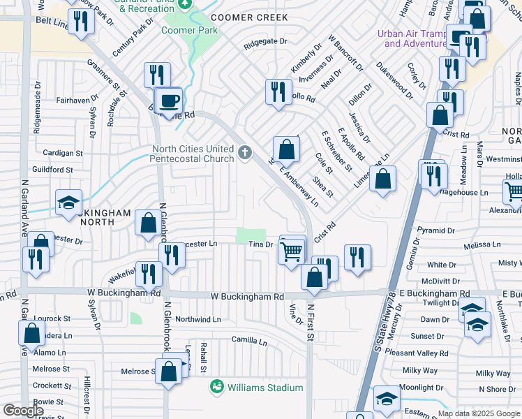 map of restaurants, bars, coffee shops, grocery stores, and more near 600 Monarch Drive in Garland