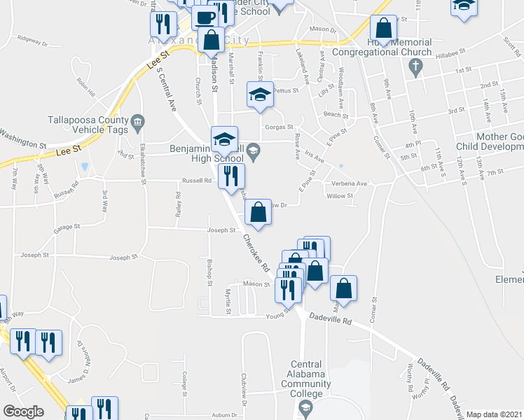 map of restaurants, bars, coffee shops, grocery stores, and more near 140 Willow Drive in Alexander City