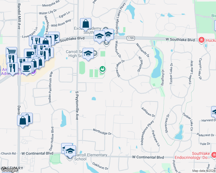 map of restaurants, bars, coffee shops, grocery stores, and more near 1401 Park Place in Southlake