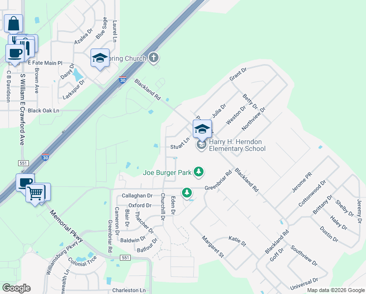 map of restaurants, bars, coffee shops, grocery stores, and more near 429 Stuart Lane in Fate