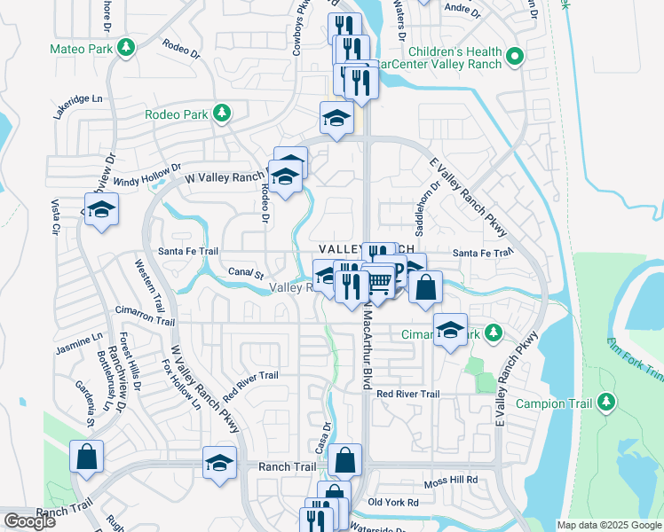 map of restaurants, bars, coffee shops, grocery stores, and more near 500 Santa Fe Trail in Irving