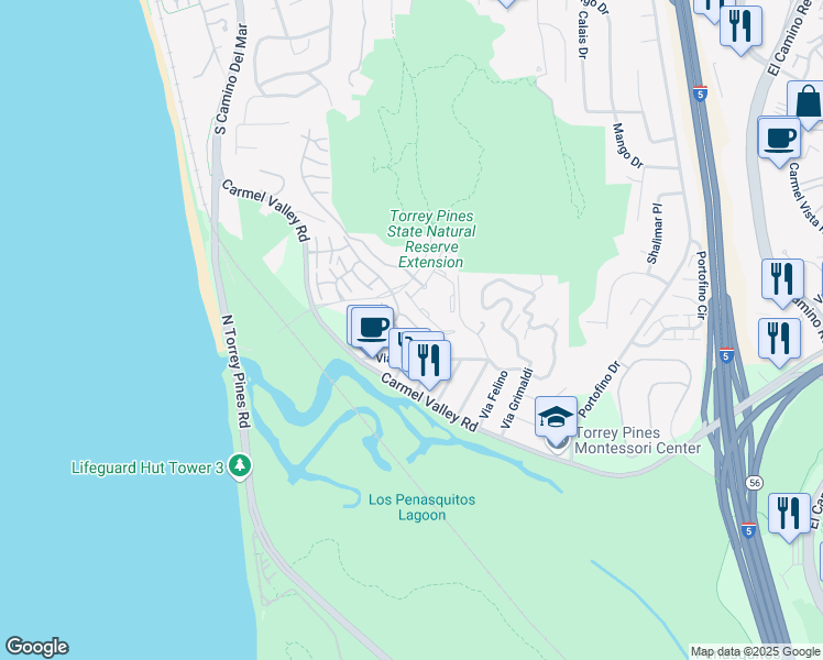 map of restaurants, bars, coffee shops, grocery stores, and more near 12894 Caminito De Las Olas in Del Mar