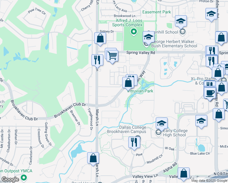 map of restaurants, bars, coffee shops, grocery stores, and more near 3801 Vitruvian Way in Addison