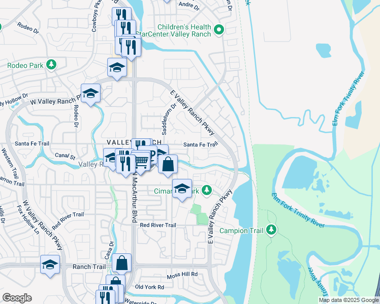 map of restaurants, bars, coffee shops, grocery stores, and more near 302 Santa Fe Trail in Irving