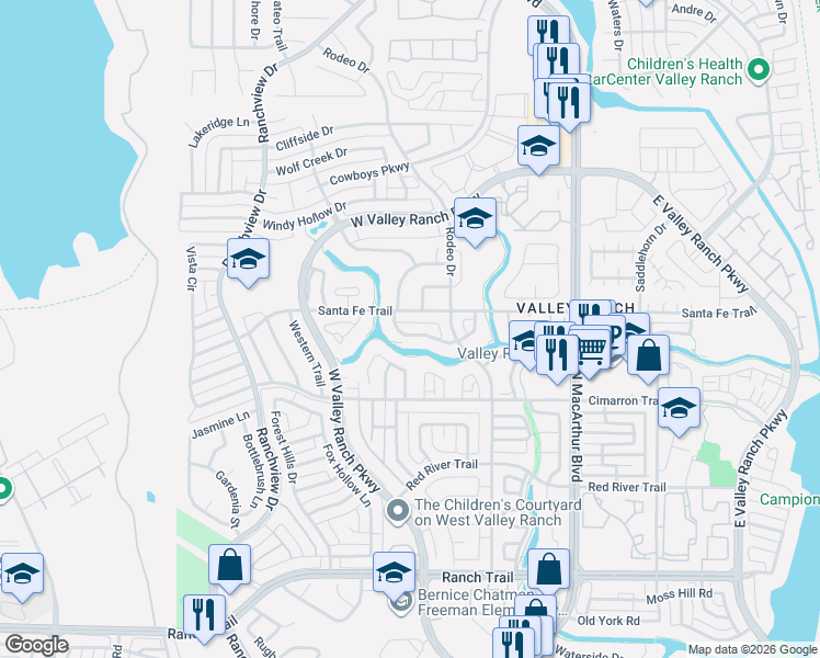 map of restaurants, bars, coffee shops, grocery stores, and more near 904 Santa Fe Trail in Irving