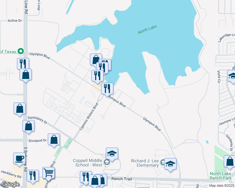 map of restaurants, bars, coffee shops, grocery stores, and more near 2999 Olympus Boulevard in Coppell
