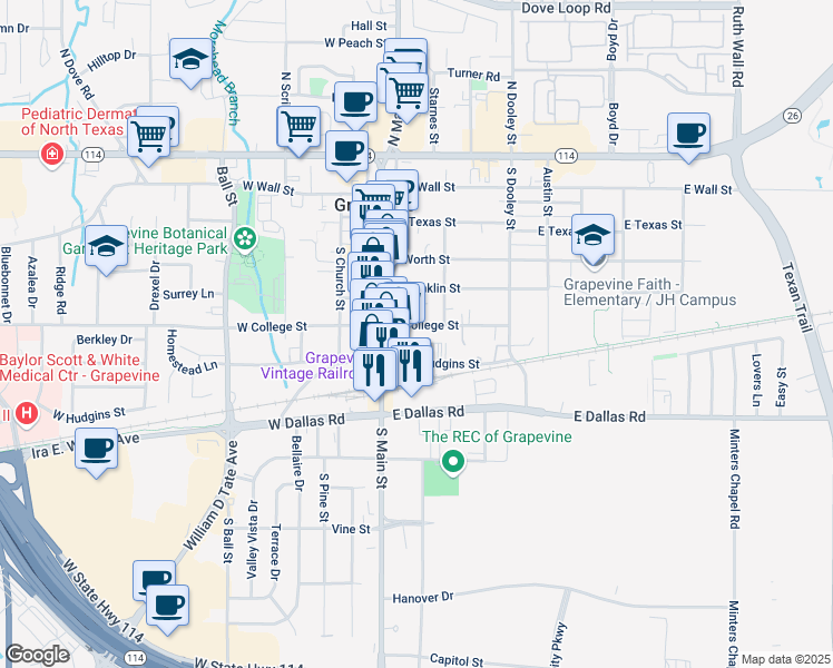 map of restaurants, bars, coffee shops, grocery stores, and more near 206 East College Street in Grapevine