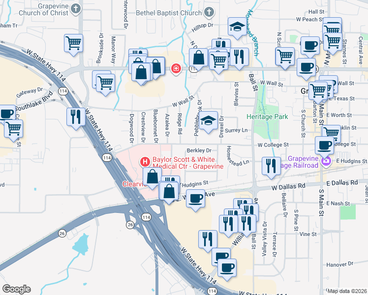 map of restaurants, bars, coffee shops, grocery stores, and more near 1234 Berkley Drive in Grapevine