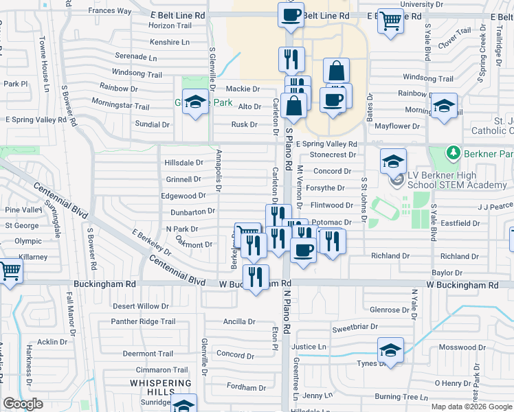 map of restaurants, bars, coffee shops, grocery stores, and more near 1319 Dunbarton Drive in Richardson